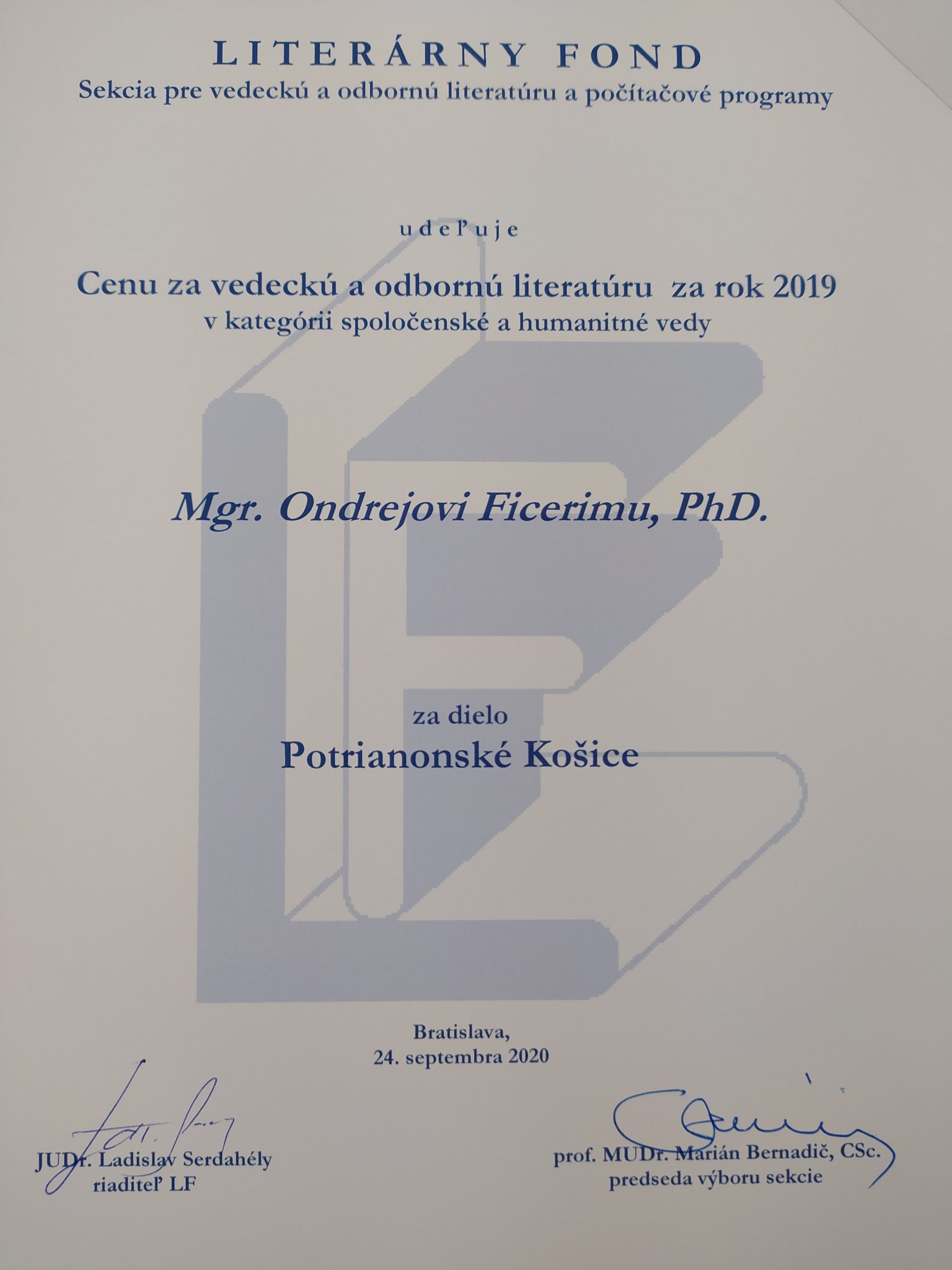 Ondrej Ficeri ocenený za vedeckú a odbornú literatúru za rok 2019